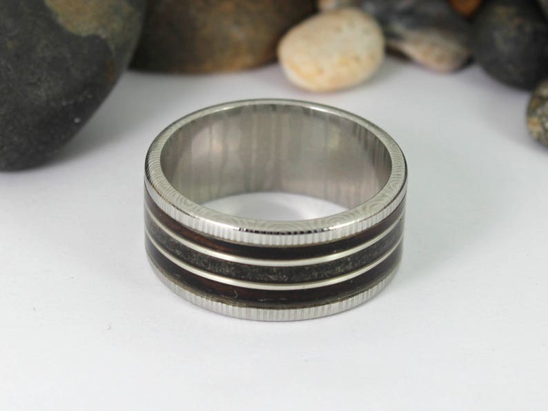 Damascus Steel Ring With Megalodon Tooth, Silver and Wood Inlay image 7