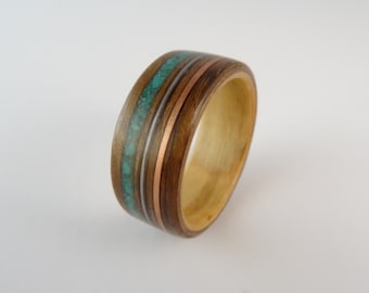 Bent Wood Ring - Shedua & Maple with Triple Inlay Bands of Turquoise, Copper and a Guitar String, Handmade to Any UK or US Size