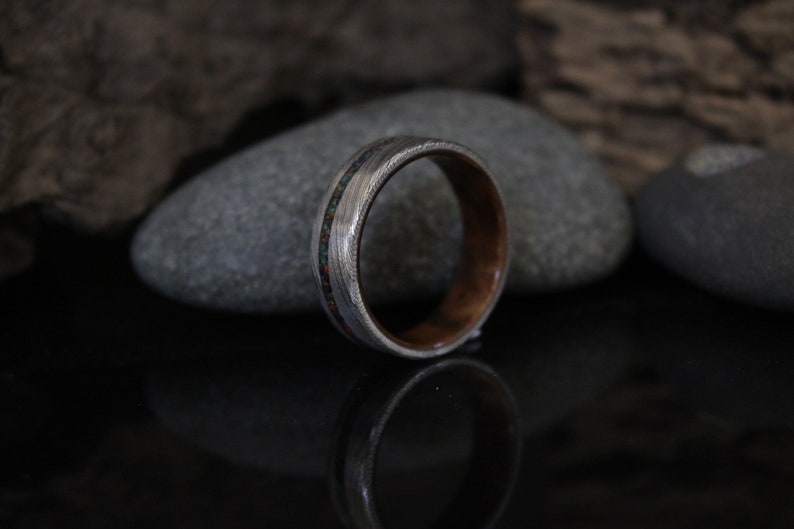 Stainless Damascus Steel Ring with Walnut Wood and Black Opal Inlay, Wood Ring, Minimalist Mens Wedding Band image 6