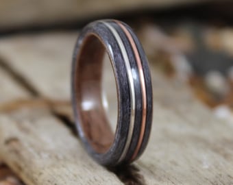 Walnut & Grey Maple Wood Ring with Copper and Silver, Mens Wood Ring, Womens Wood Ring, Wood Engagement Ring, Wood Wedding Band, Wooden Ring