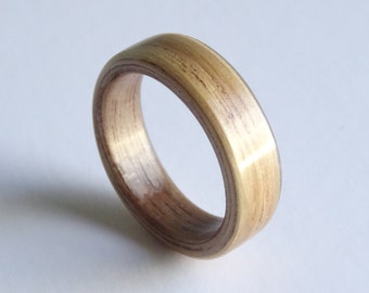 American Walnut And Oak Bent Wood Ring Hand Made To Order In Any UK or US Size for Men and Women