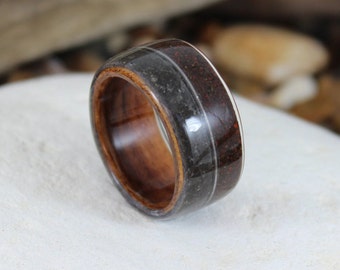 Wood Ring with Dinosaur Bone, Meteorite and a Guitar String. Meteorite Ring, Dinosaur Bone Ring, Handmade Wooden Rings In Any Size