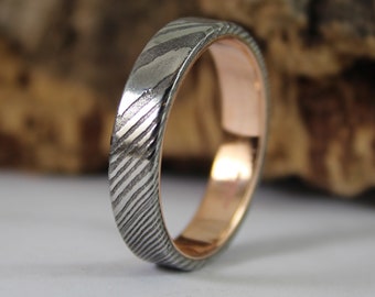 Damascus Steel Rose Gold Ring, Wood Grain Damascus Steel Ring with 9 Carat Rose Gold Inside, Stainless Damascus Ring