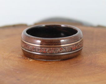 Wooden Ring with Dinosaur Bone and Guitar Strings Bentwood Rings Dinosaur Bone Ring Guitar String Ring Fretboard Ring Mens Wood Ring