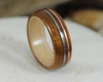 Koa & Maple Wood Ring with Copper and Silver, Mens Wood Ring, Womens Wood Ring, Wood Engagement Ring, Wood Wedding Band, Wooden Ring