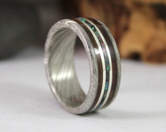 Damascus Steel Ring with Wood, Abalone Shell and Silver - Mens Wedding Band - Wood Rings