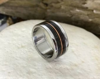 Wood Inlay Ring with Dinosaur Bone, Meteorite and a Copper Inlay.  Steel Wood Ring, Meteorite Ring, Dinosaur Bone Ring, Wooden Rings