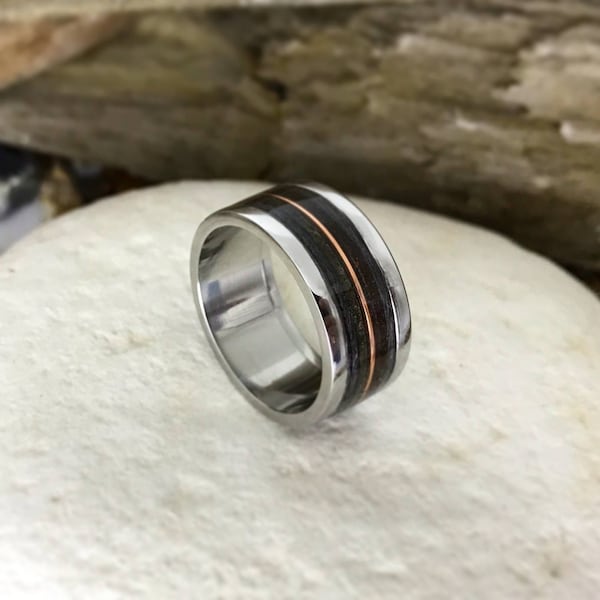 Wood Inlay Ring with Dinosaur Bone, Meteorite and a Copper Inlay.  Steel Wood Ring, Meteorite Ring, Dinosaur Bone Ring, Wooden Rings