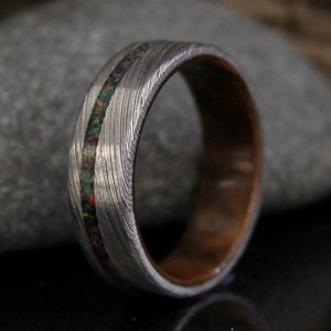 Stainless Damascus Steel Ring with Walnut Wood and Black Opal Inlay, Wood Ring, Minimalist Mens Wedding Band image 2