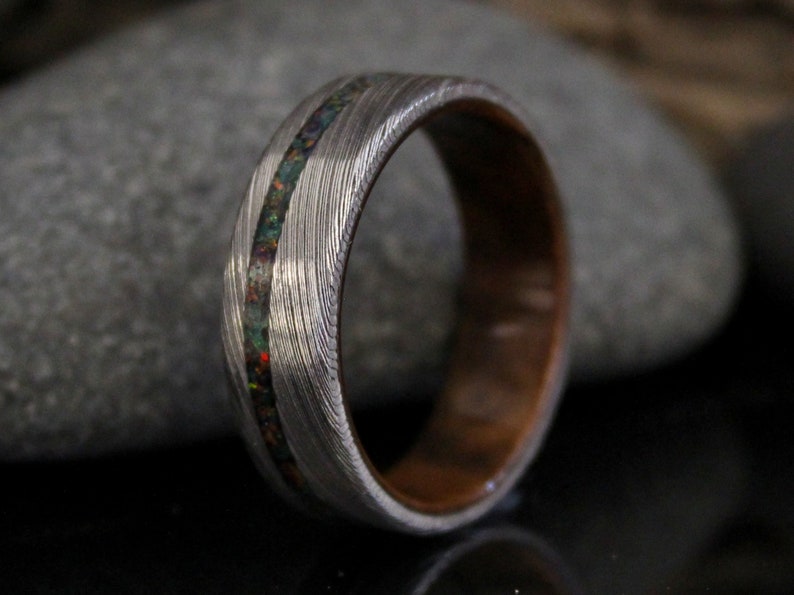 Stainless Damascus Steel Ring with Walnut Wood and Black Opal Inlay, Wood Ring, Minimalist Mens Wedding Band image 2