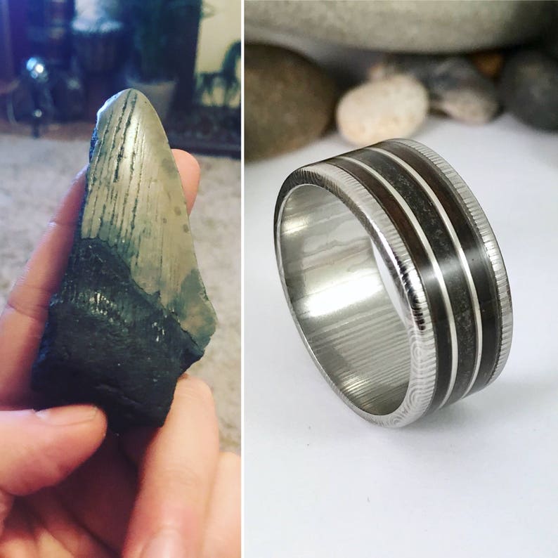 Damascus Steel Ring With Megalodon Tooth, Silver and Wood Inlay image 2