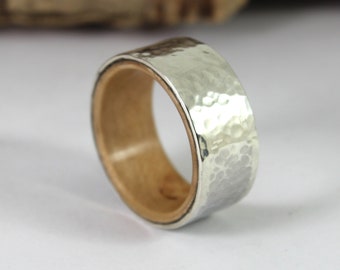 Hammered Sterling Silver Ring With Wood Inside and an Optional Personalised Engraving.  Add Up To 15 Characters Inside.