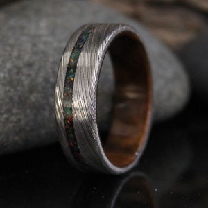 Stainless Damascus Steel Ring with Walnut Wood and Black Opal Inlay, Wood Ring, Minimalist Mens Wedding Band image 3