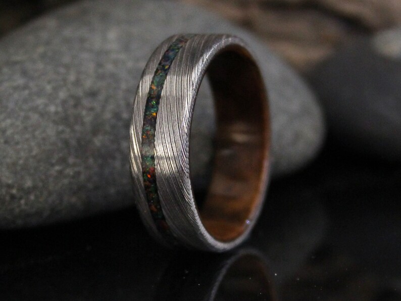 Stainless Damascus Steel Ring with Walnut Wood and Black Opal Inlay, Wood Ring, Minimalist Mens Wedding Band image 3