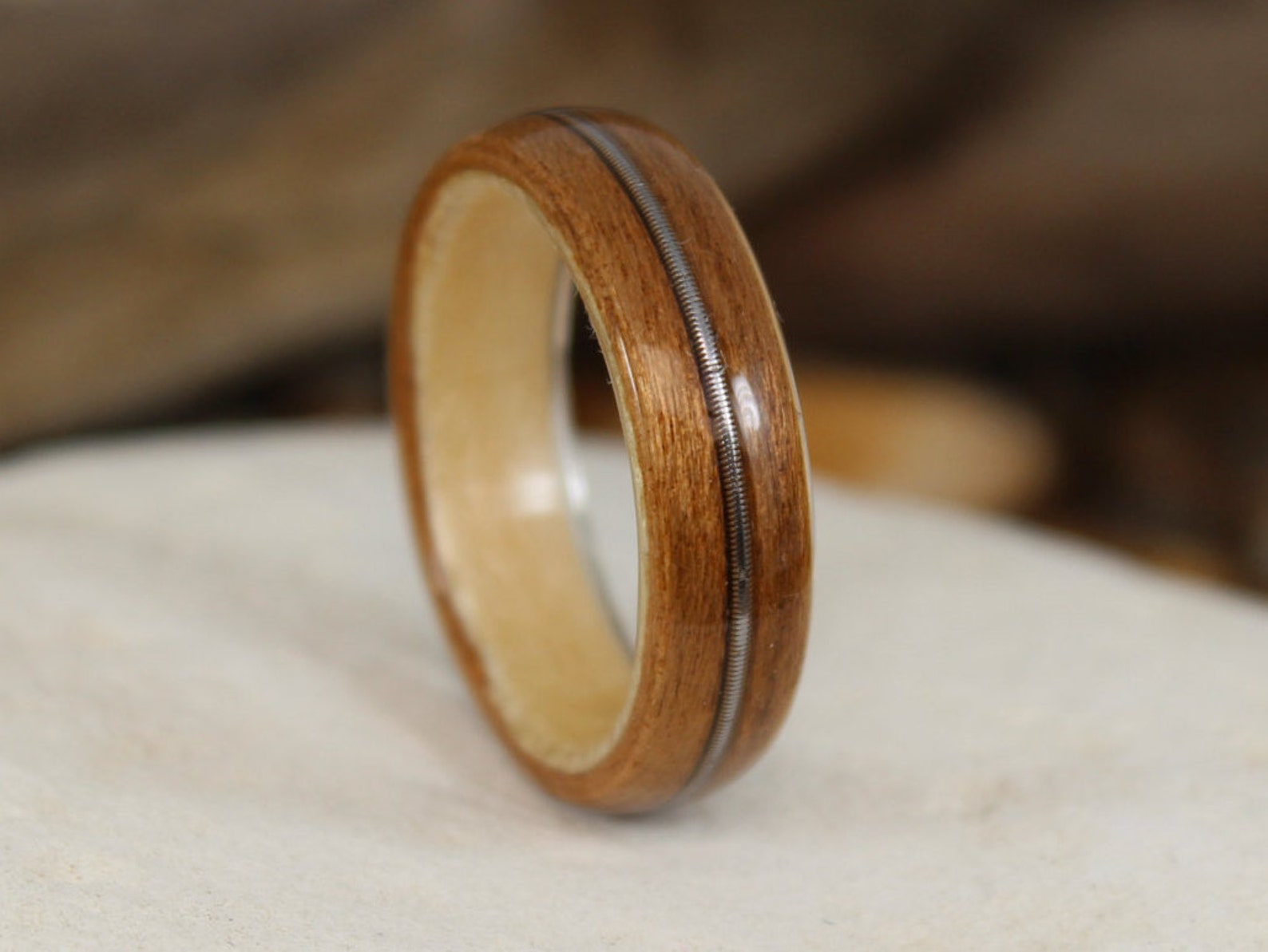 Cherry and Sycamore Bent Wood Ring With a Guitar String Inlay Band ...