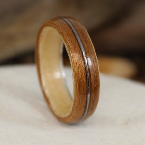 Cherry and Sycamore Bent Wood Ring with a Guitar String Inlay Band, Handmade to Any UK or US Size, Guitar String Ring, Bent Wood Band image 1