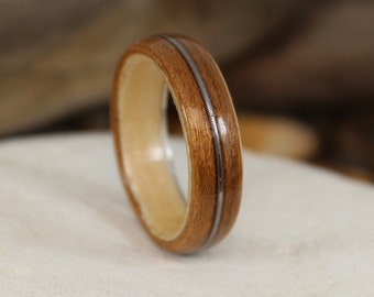 Cherry and Sycamore Bent Wood Ring with a Guitar String Inlay Band, Handmade to Any UK or US Size, Guitar String Ring, Bent Wood Band