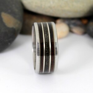 Damascus Steel Ring With Megalodon Tooth, Silver and Wood Inlay image 5