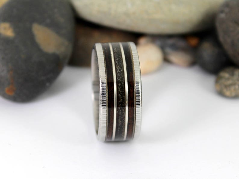 Damascus Steel Ring With Megalodon Tooth, Silver and Wood Inlay image 5