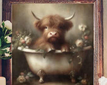Bathroom Wall Art, Cute French Country Farmhouse Highland Cow In Bathtub Painting, Bath Decor, Funny Painting, Cottage Bathroom Canvas Art