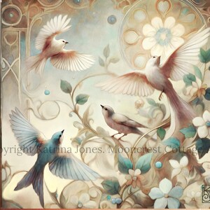 Enchanted Birds Painting Art Print, Fairy Tale Nouveau Birds Wall Art, Muted Tones Colorful Wild Birds Art