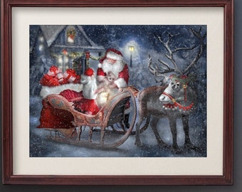 Santa Claus Sleigh Reindeer Art Print Traditional Christmas Realistic Holiday Seasonal Painting Canvas Wall Decor