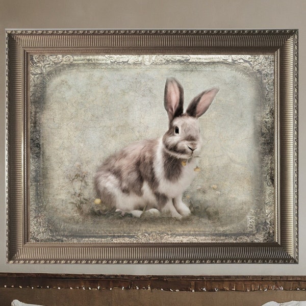 French Country Rabbit Art Print - Easter Bunny Painting, Vintage Pastoral Farm Wall Art, Spring Decor, French Country Cottage Collection