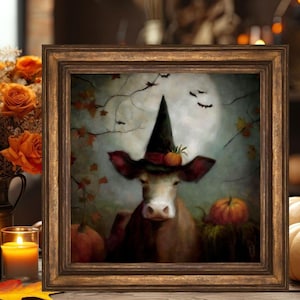 Lámina artística de Halloween con sombrero de bruja y vaca de granja, pintura caprichosa de animales de granja.