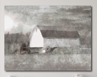 White Gray Barn Landscape Art Print Country Farm Scene Realistic Painting Canvas Wall Decor