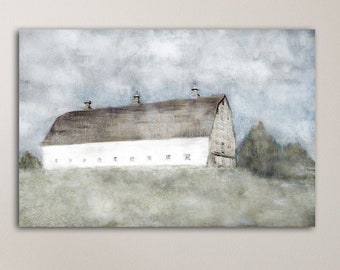 White Barn Farm Art Print Country Scene Realistic Landscape Painting Canvas Wall Decor