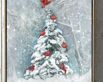 Christmas Cardinals Art Print, Cardinals Christmas Painting, Woodland Winter Art Print, Cardinals in Christmas Tree Snow Painting