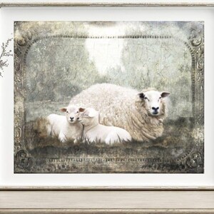 Vintage kunstprint schapen lammeren – Franse dierenschilderij, gezellig decor van een boerderij