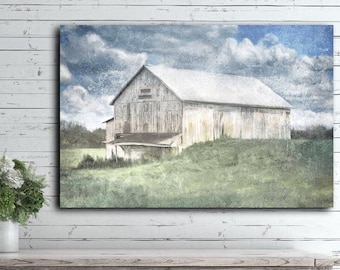 White Barn Art Print, Farm Landscape Painting, Summer Barn Wall Art, Traditional Farmhouse Decor