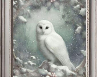 White Winter Owl with Holly Art Print