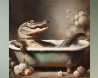 Bathroom Art Cottage Alligator Bathtub Print, Whimsical Botanical Scene (Archival Paper or Canvas, Various Sizes)