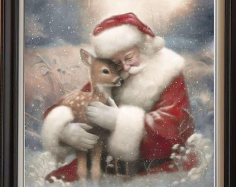 Santa Claus With Fawn In The Forest Art Print