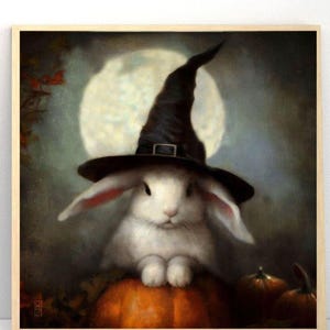 Halloween Art Print Of A Cute Rabbit In A Witch Hat Painting