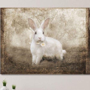 Vintage White Rabbit Art Print – Artful French Country Cottage Animal Painting for Cozy Homes
