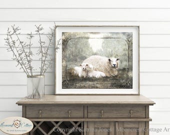 Vintage Sheep Lambs Art Print – French Country Animal Painting, Cozy Farmhouse Decor