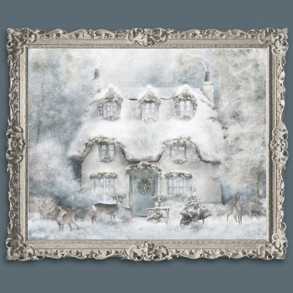 Impression d'art hiver chalet de campagne fantaisiste enneigé saisonnier conte de fées anglais chalet peinture réaliste toile décoration murale