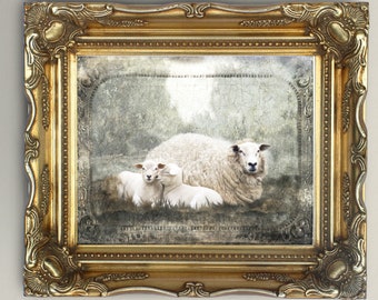 Vintage Schaf-Baby-Lämmer-Kunstdruck, pastorales französisches Landhaus-Wanddekor-Gemälde, Muttertagsgeschenk