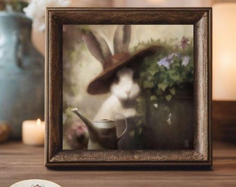 Lámina artística de una casita de conejito en un jardín caprichoso.