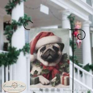 クリスマスパグ犬ガーデンフラッグ、かわいい犬ペットホリデーヤードサインデコレーション、犬好きへのギフト