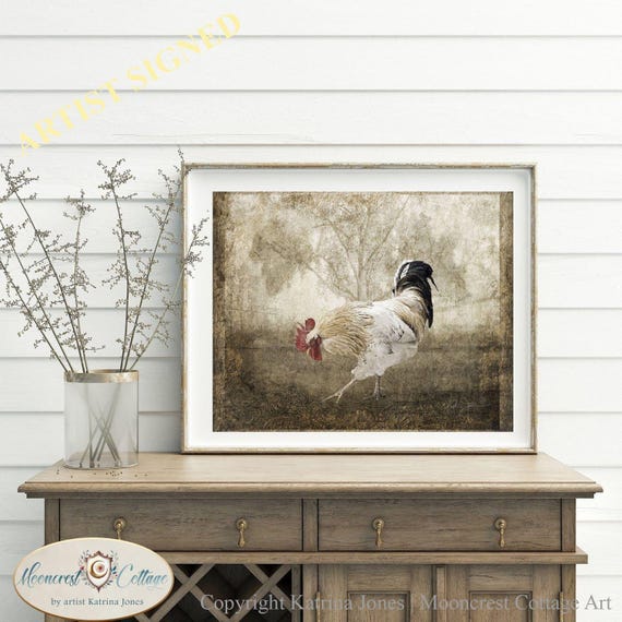 Vintage Rooster Art Print – Neutral Farmhouse Wall Decor | Rustic French Country Animal Painting for Cozy Homes