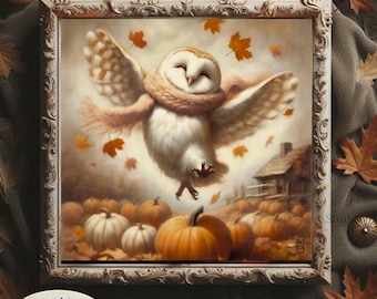 Barn Owl Autumn Art Print – Whimsical Woodland Pumpkin Patch Wall Art