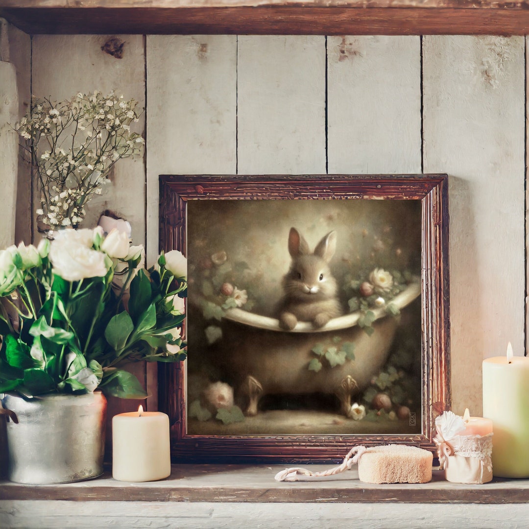Bathroom Wall Art, Cute French Country Farmhouse Bunny Rabbit in ...