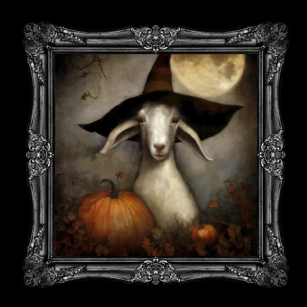 Halloween Wall Art, Cute Goat Farm Animal Halloween Art Print, Country Farmhouse Halloween Painting