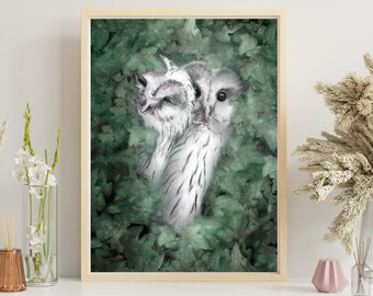 Owl Art Print Realistic Woodland Wildlife Animal Owl Painting Canvas Wall Decor