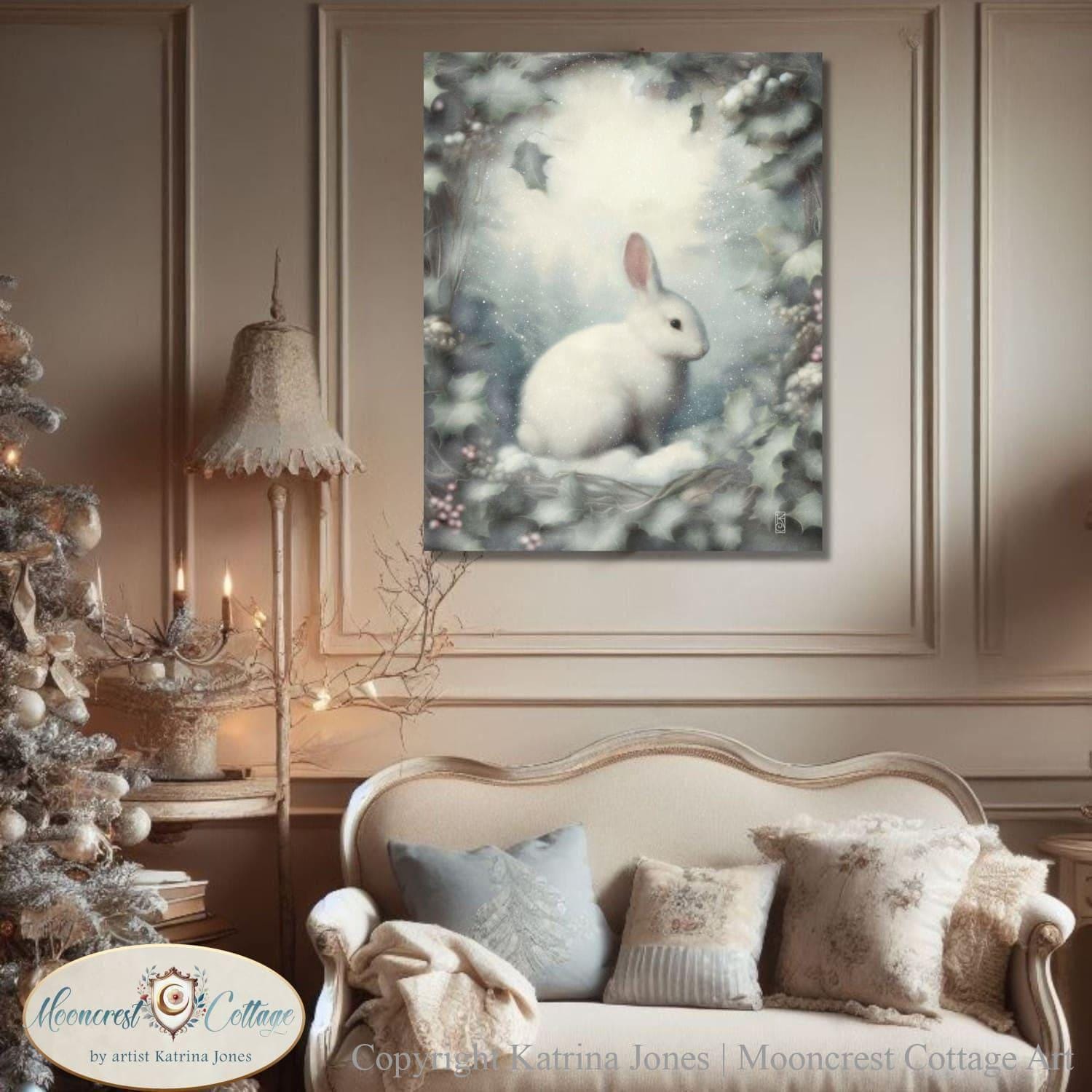Painted Winter Rabbit Winter Animal Art Print: White Rabbit With Holly - Elegant Woodland ...