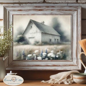 White Barn Flower Meadow Painting - Farmhouse Wall Art - Barn Art